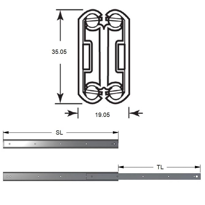 Guida per cassetto 558,8 x 581,15 x 59 - Per carichi medi, senza disconnessione - MBA (confezione da 1)