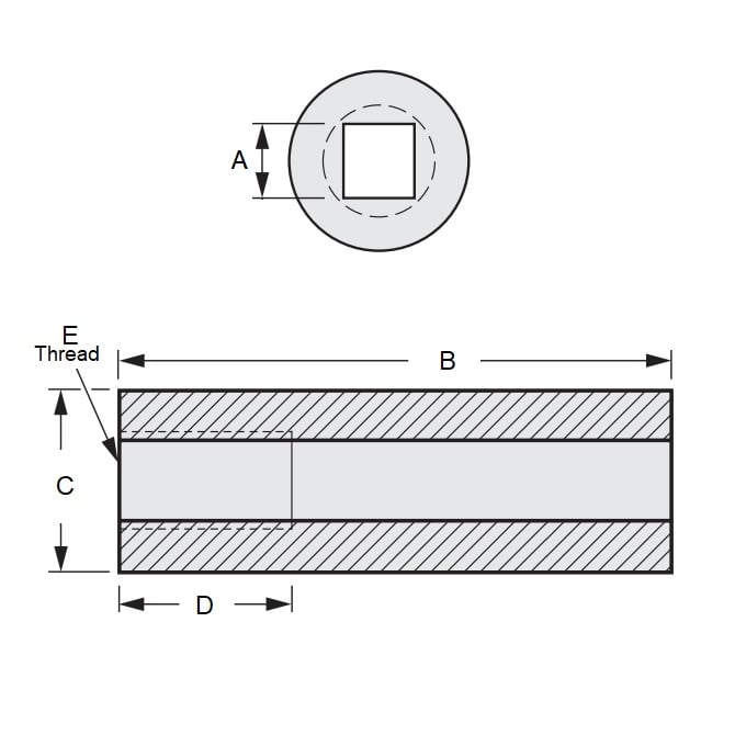 Manicotto con foro quadrato 6.477 x 11.111 x 50.8 - Acciaio al carbonio filettato - MBA (confezione da 1)