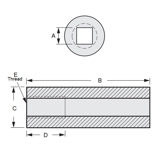 1116017 | SLQ-1600-2383-08255-T (Each) --- Square Hole Sleeves - 16.002x23.812x82.55 mm Threaded - Carbon Steel 11L17 Sleeve