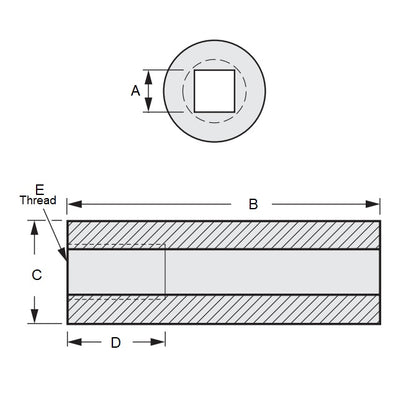 1129805 | SLQ-2225-3334-10160-T (Each) --- Square Hole Sleeves - 22.352x33.338x101.6 mm Threaded - Carbon Steel 11L17 Sleeve