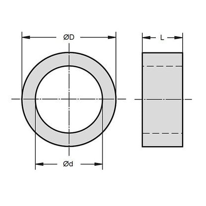 1062943 | W0050-F-010-290-NY (50 Pcs) --- Through Bore Spacers - 5 mm x 10 mm x 29 mm