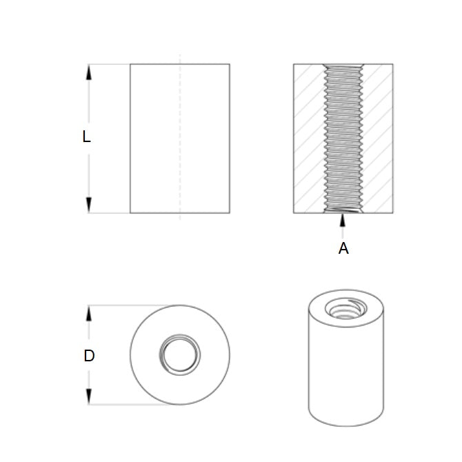 Distanziatore rotondo 6-32 UNC x 19,05 mm - Acciaio inossidabile filettato 303-304 - 18-8 - A2 - MBA (confezione da 2)