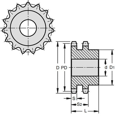 1092631 | SP2-127-078B-010-PB-C (PK-2) --- Roller Chain Sprockets - 10 tooth - 40.41 - - Duplex 08B With Boss - Carbon Steel Sprocket
