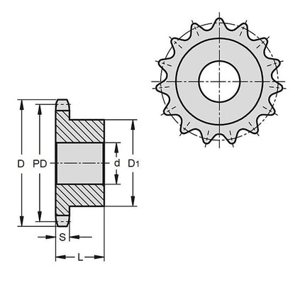 Pignone 8 denti - 25ASA passo 1/4" in acciaio al carbonio - MBA (confezione da 1)