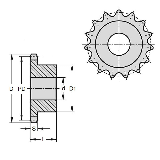 1108177 | SP1-038-016B-015-060-S3 (Each) --- Roller Chain Sprockets - 15 tooth - 17.88x13 mm Simplex - Stainless Steel 303/304 Similar to A2, 18-8 HRB80 Sprocket