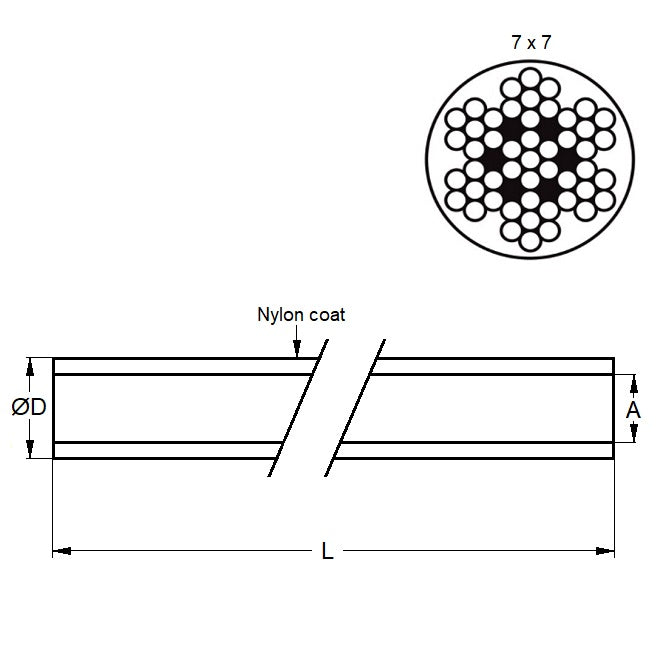 Cavo in miniatura 3,18 mm - Resistenza alla rottura 417,3 kg - Nylon trasparente rivestito su acciaio inossidabile 304 - 7x7 - MBA (confezione da 10)