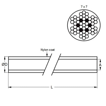 Cavo in miniatura 1,59 mm - Resistenza alla rottura 122,5 kg - Nylon trasparente rivestito su acciaio inossidabile 304 - 7x7 - MBA (confezione da 10)