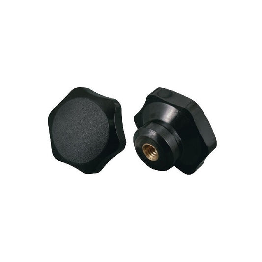 Manopola a sei lobi grezza x 69,09 x 24,9 mm - Inserto in acciaio fenolico - Nero - Femmina - MBA (confezione da 1)