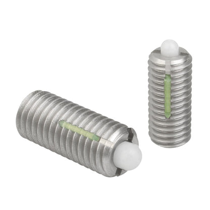 1077302 | PLST-079C-221-PS-031 (Each) --- Spring Plungers - 5/16-18 UNC - 7.94mm - 22.1 mm - 8 N No Handle - Stainless Steel Body with Plastic Plunger