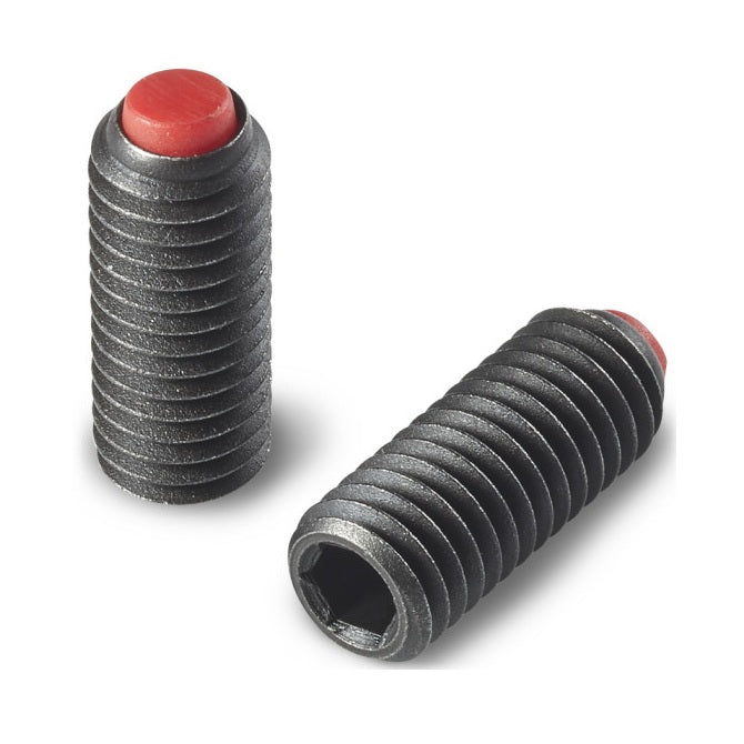 1052394 | SS040M-0157-CS-PO-FB (Each) --- Flat Tip Aligning Socket Set Screws - M4 - 4x0.7mm - 15.7 mm - Aligning Flat Tip - Carbon Steel with Polyacetal tip Screw